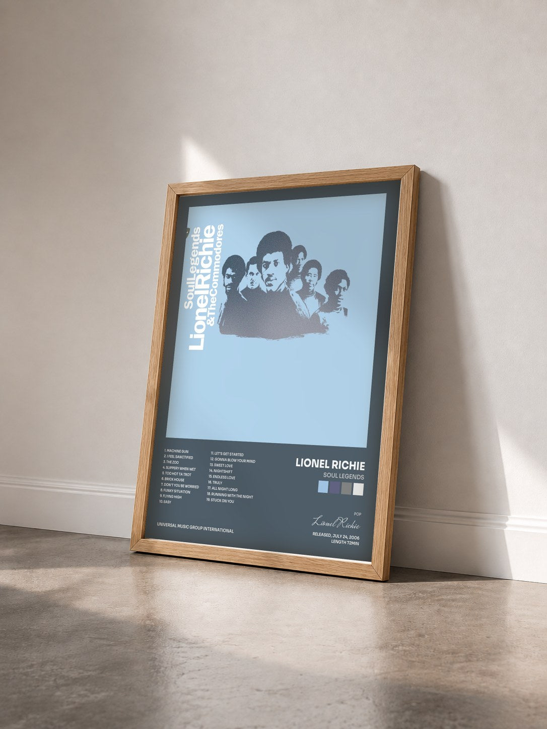#bois Tableau de l'album Soul Legends de Lionel Richie vu de trois quarts, cadre en bois brut