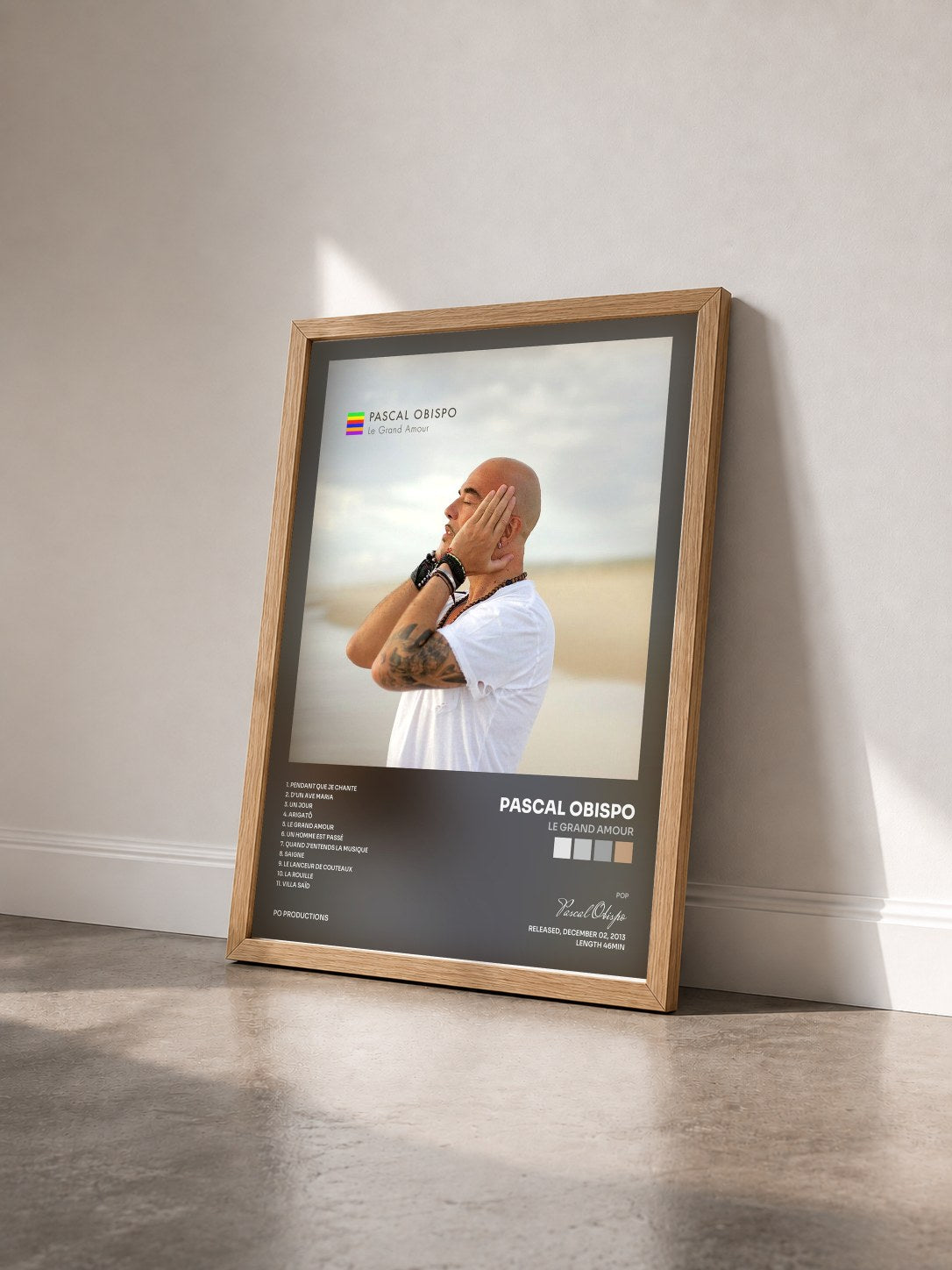 #bois Tableau de l'album Le Grand Amour de Pascal Obispo vu de trois quarts, cadre en bois brut