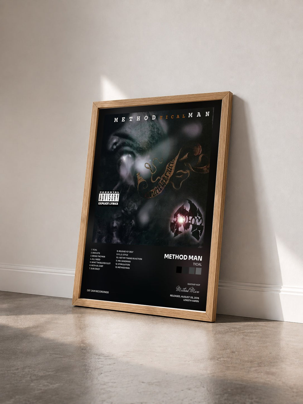 #bois Tableau de l'album Tical de Method Man vu de trois quarts, cadre en bois brut