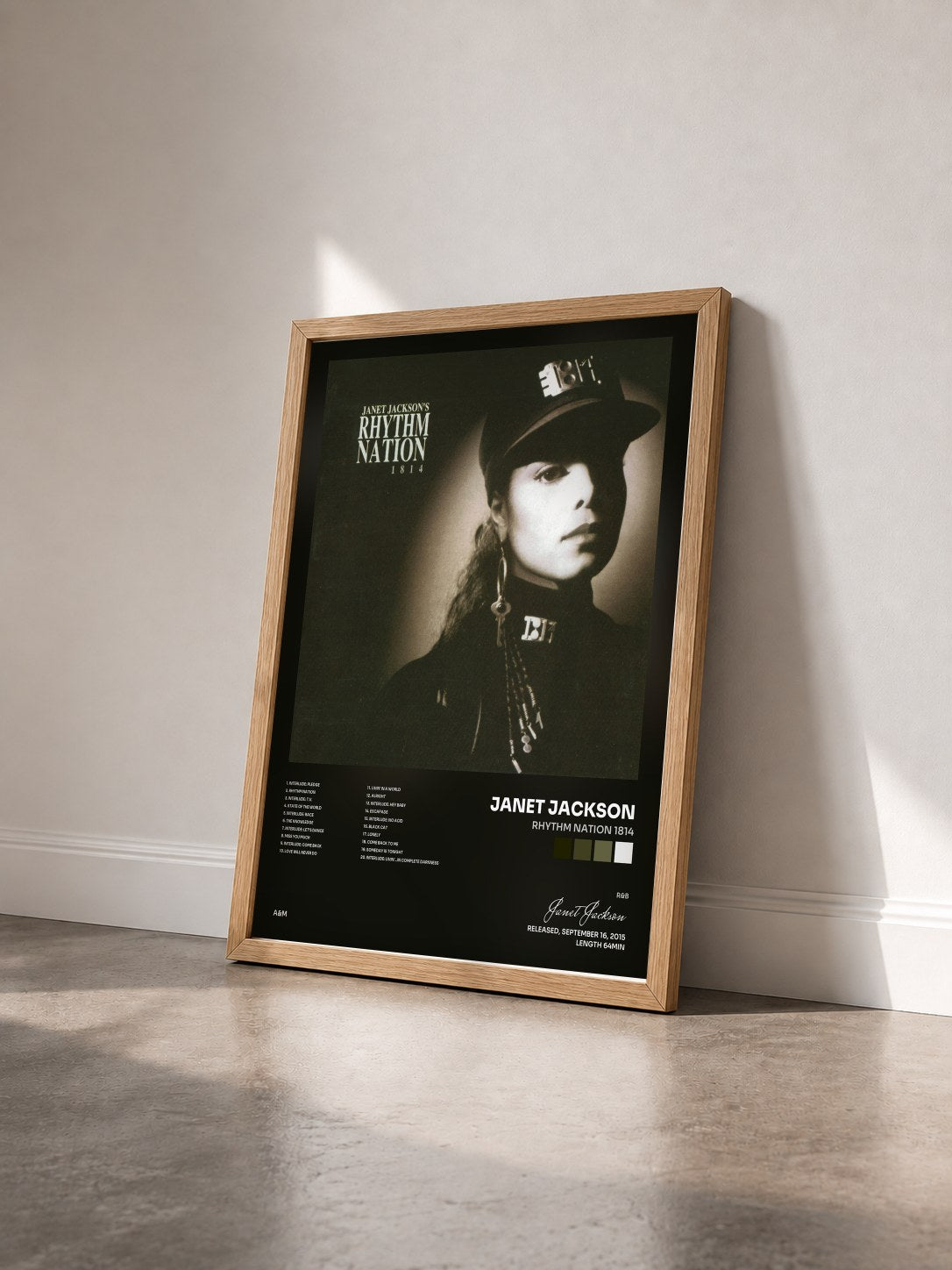 #bois Tableau de l'album Rhythm Nation 1814 de Janet Jackson vu de trois quarts, cadre en bois brut