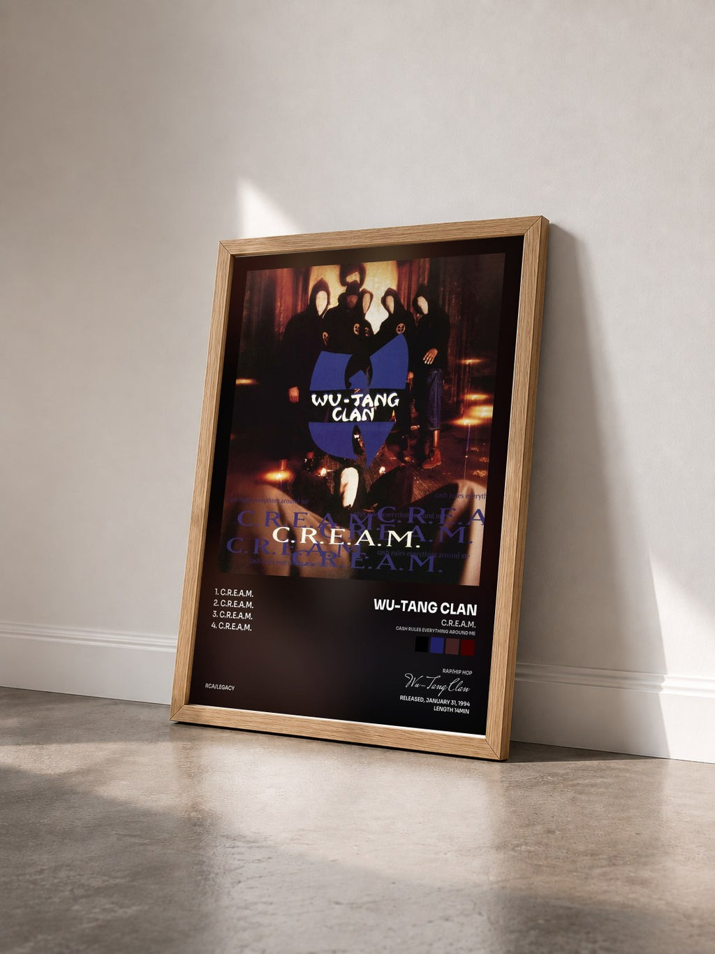 #bois Tableau de l'album C.R.E.A.M. (Cash Rules Everything Around Me) de Wu-Tang Clan vu de trois quarts, cadre en bois brut