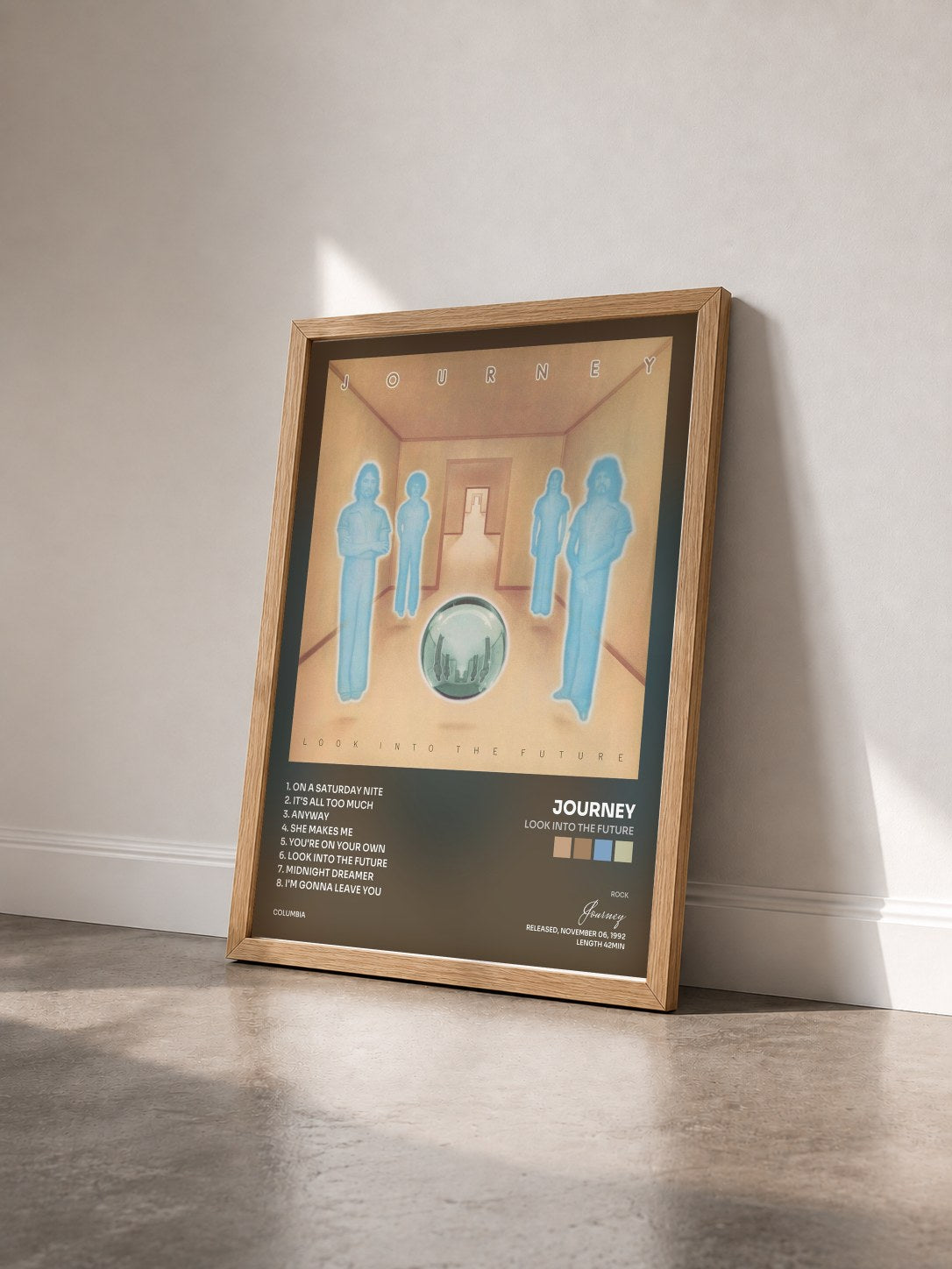 #bois Tableau de l'album Look Into The Future de Journey vu de trois quarts, cadre en bois brut