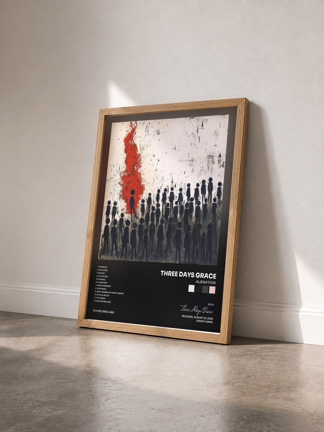 #bois Tableau de l'album Alienation de Three Days Grace vu de trois quarts, cadre en bois brut