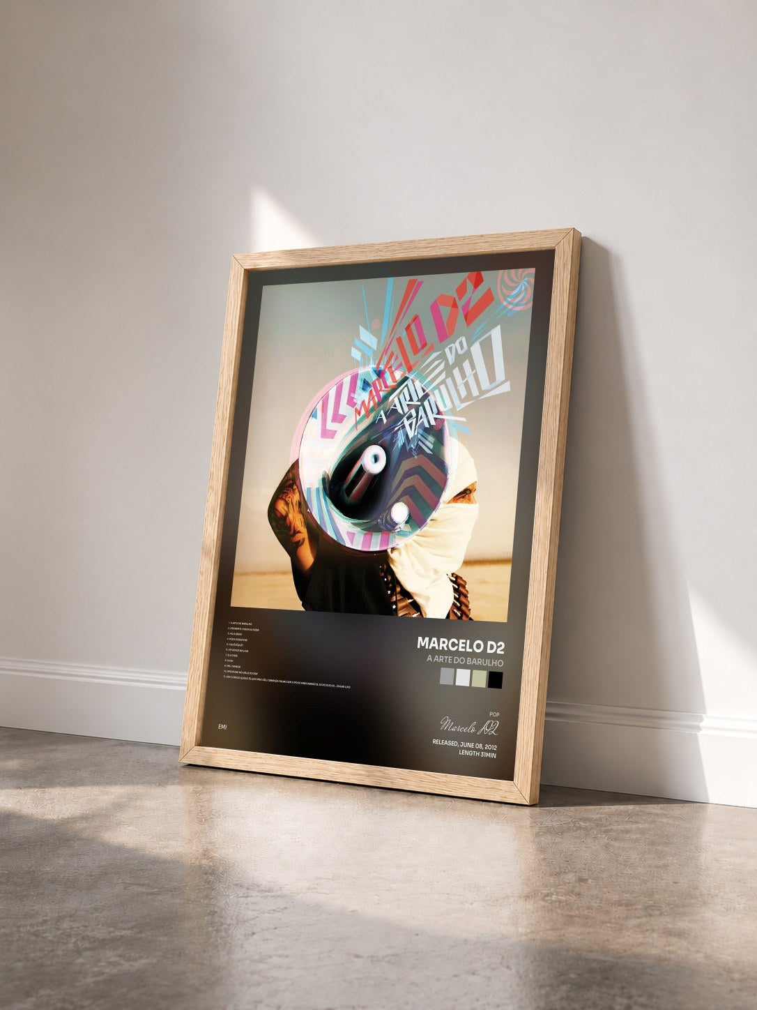 #bois Tableau de l'album A Arte Do Barulho de Marcelo D2 vu de trois quarts, cadre en bois brut