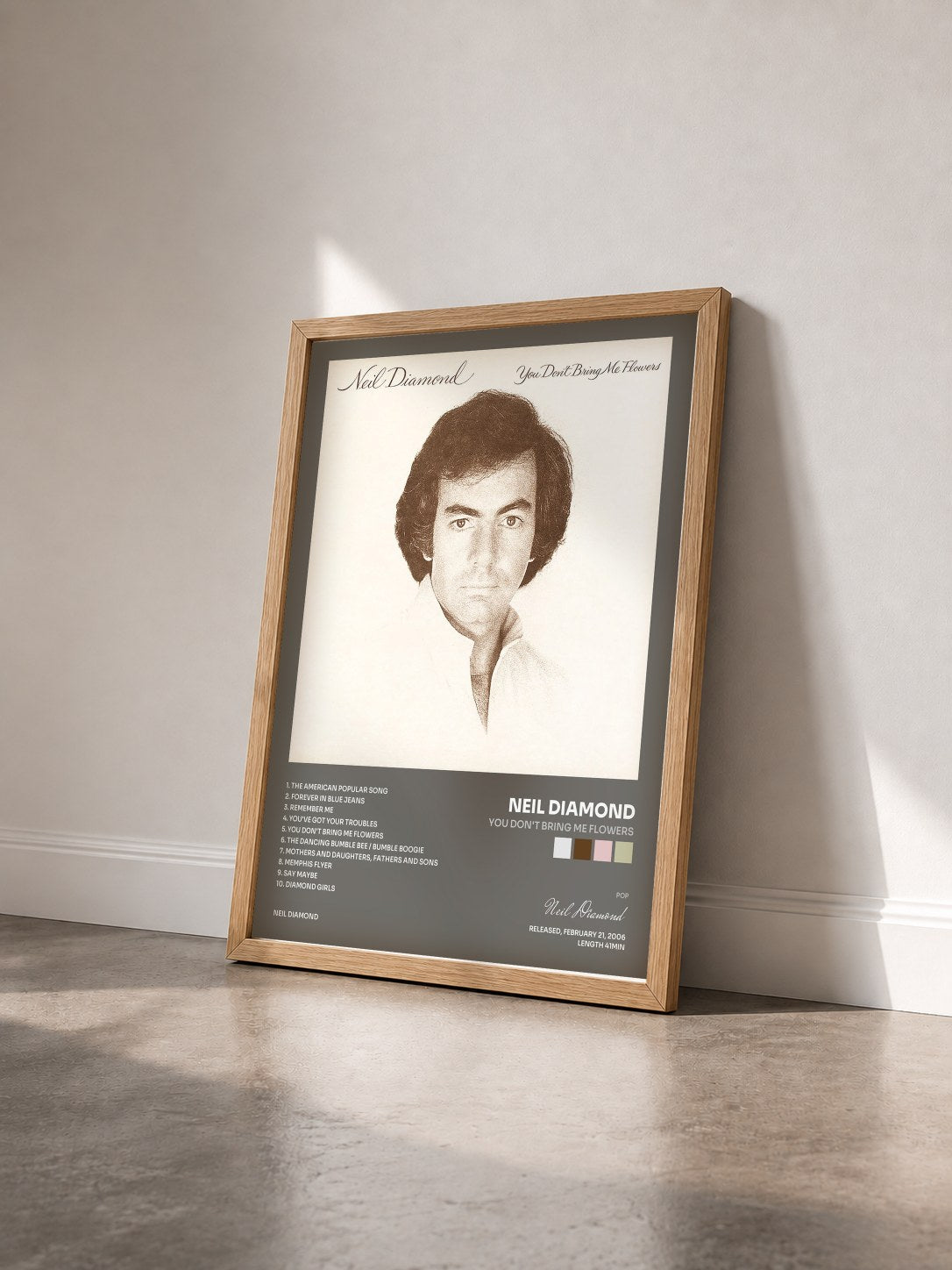 #bois Tableau de l'album You Don't Bring Me Flowers de Neil Diamond vu de trois quarts, cadre en bois brut