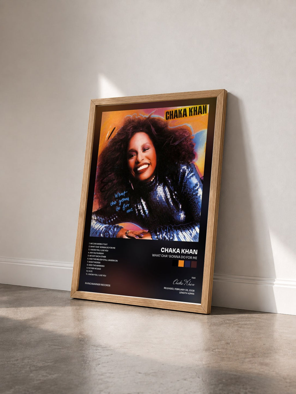 #bois Tableau de l'album What Cha' Gonna Do for Me de Chaka Khan vu de trois quarts, cadre en bois brut