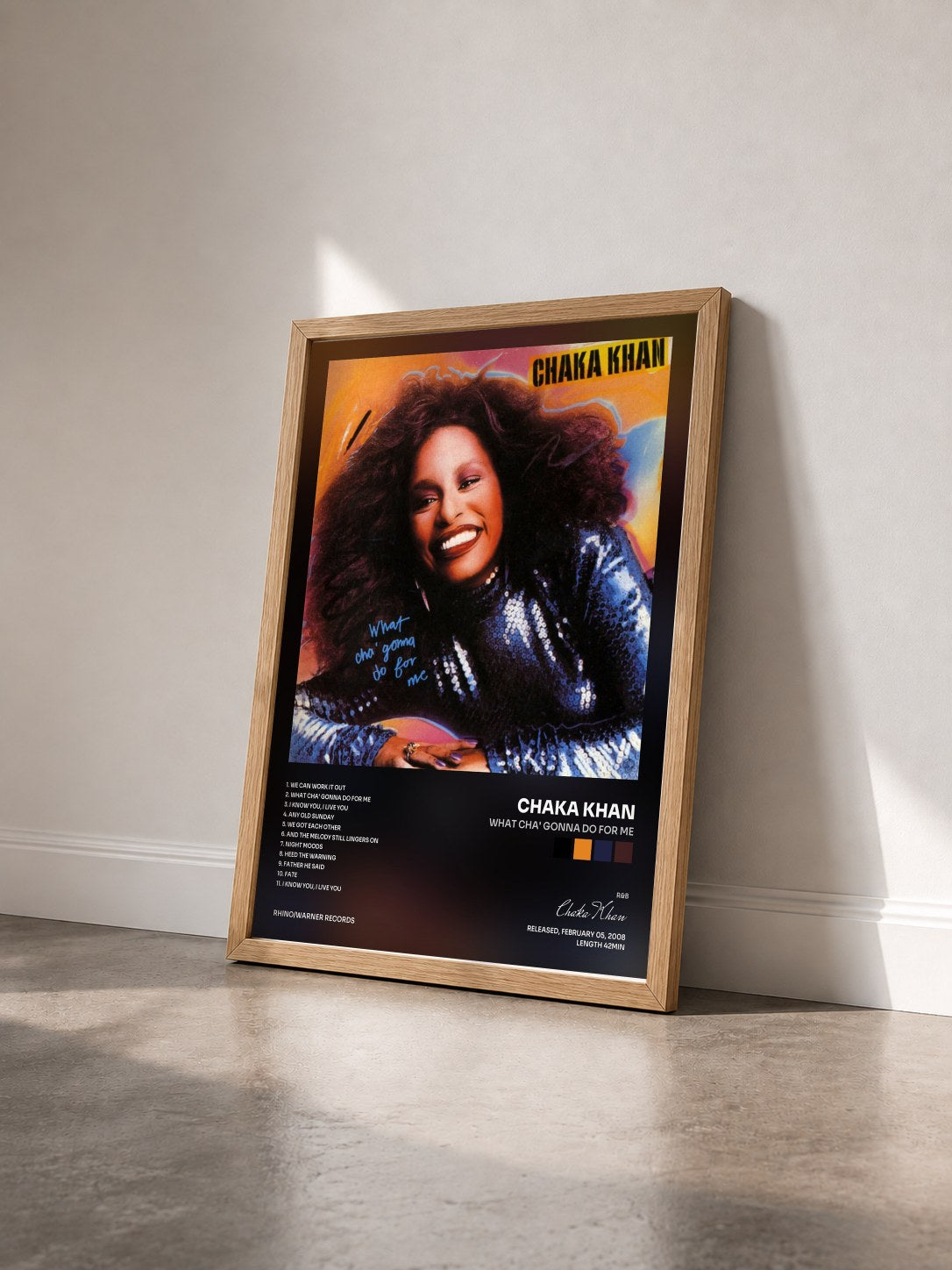 #bois Tableau de l'album What Cha' Gonna Do for Me de Chaka Khan vu de trois quarts, cadre en bois brut