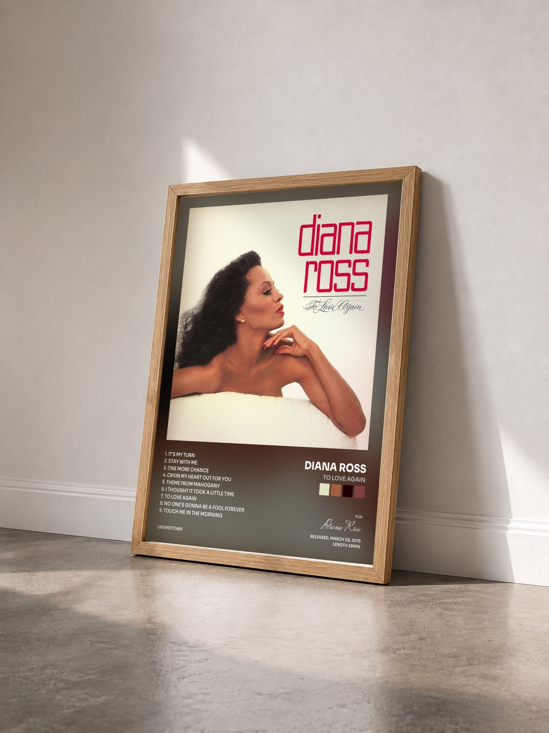 #bois Tableau de l'album To Love Again de Diana Ross vu de trois quarts, cadre en bois brut