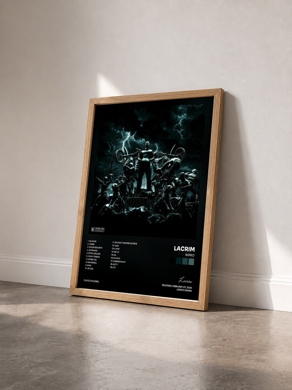#bois Tableau de l'album RIPRO de Lacrim vu de trois quarts, cadre en bois brut