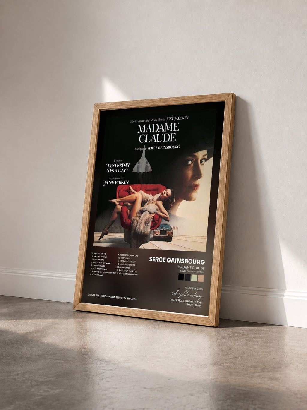 #bois Tableau de l'album Madame Claude (Bande originale du film) de Serge Gainsbourg vu de trois quarts, cadre en bois brut
