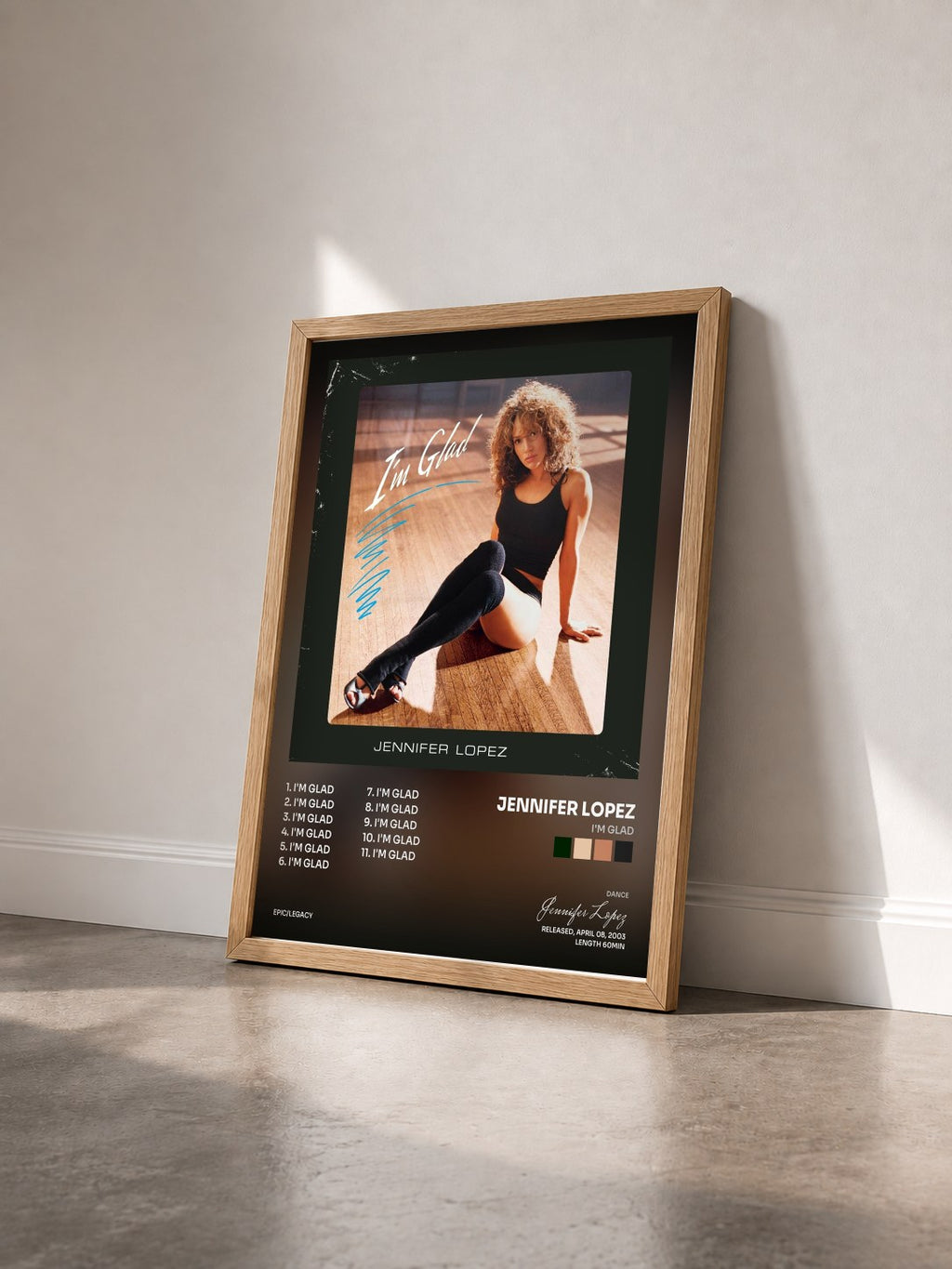 #bois Tableau de l'album I'm Glad de Jennifer Lopez vu de trois quarts, cadre en bois brut