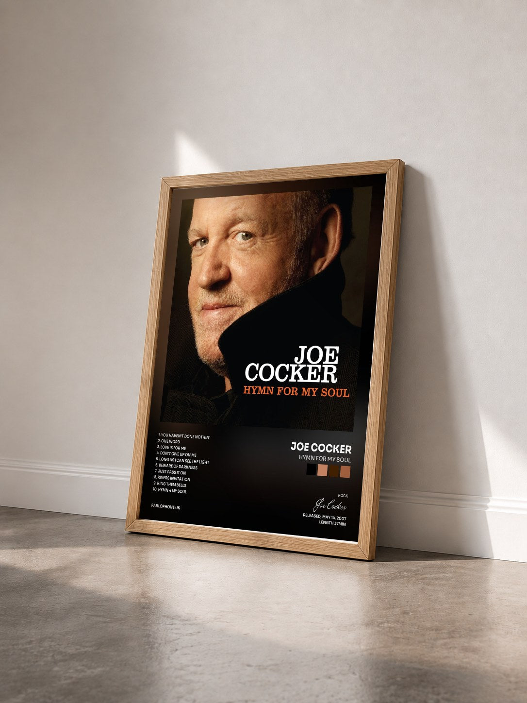 #bois Tableau de l'album Hymn for My Soul de Joe Cocker vu de trois quarts, cadre en bois brut