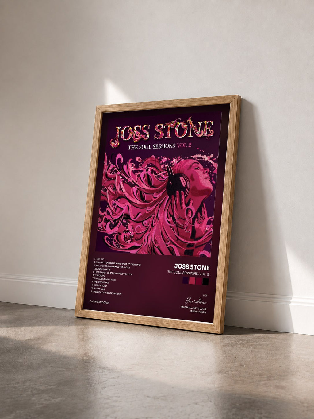 #bois Tableau de l'album The Soul Sessions, Vol. 2 de Joss Stone vu de trois quarts, cadre en bois brut