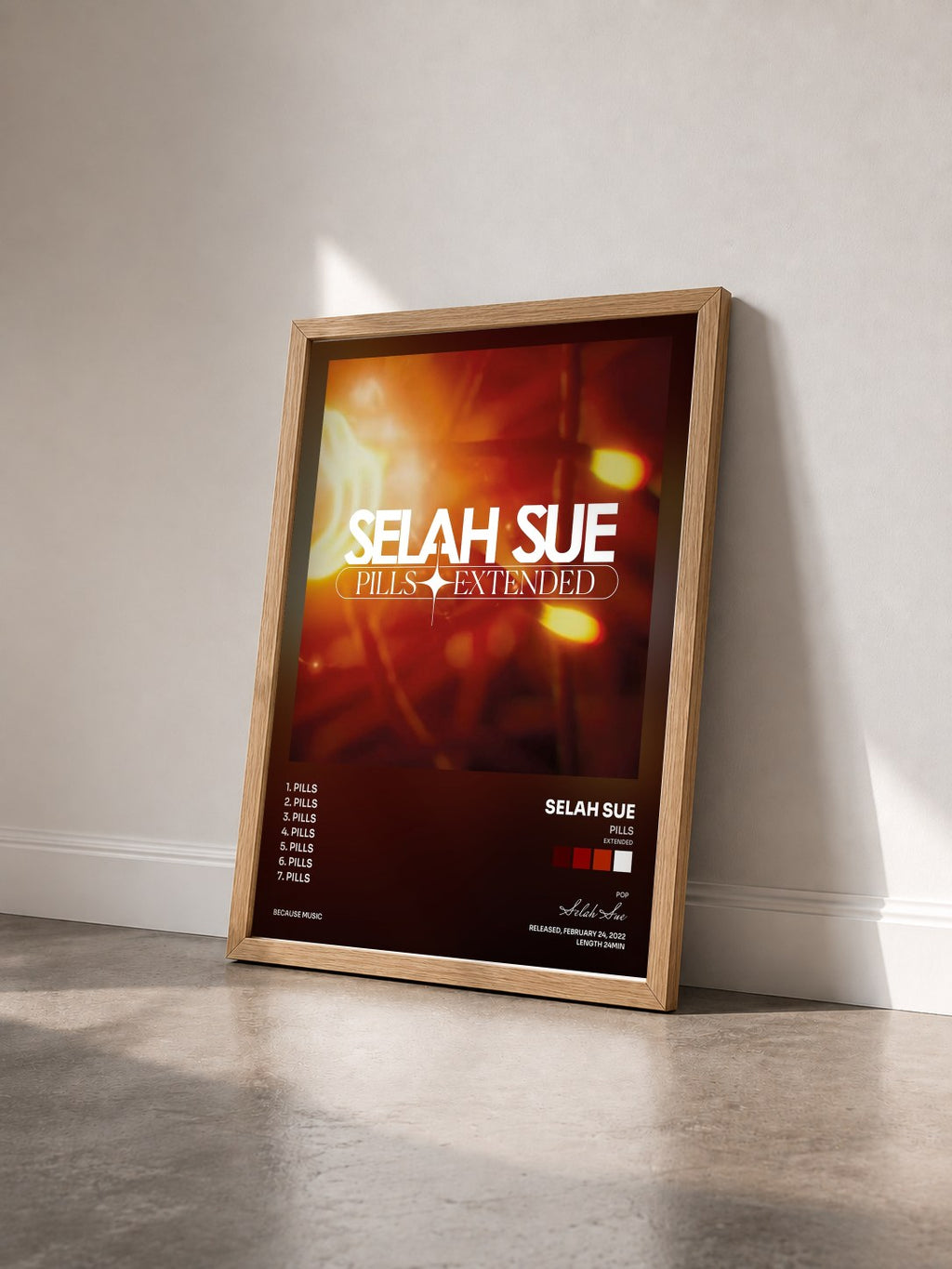 #bois Tableau de l'album Pills (Extended) de Selah Sue vu de trois quarts, cadre en bois brut