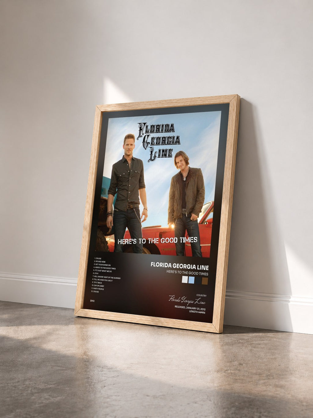 #bois Tableau de l'album Here's To The Good Times de Florida Georgia Line vu de trois quarts, cadre en bois brut