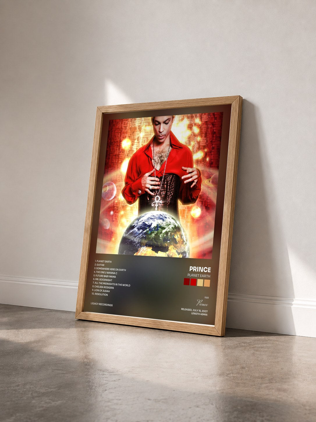 #bois Tableau de l'album Planet Earth de Prince vu de trois quarts, cadre en bois brut