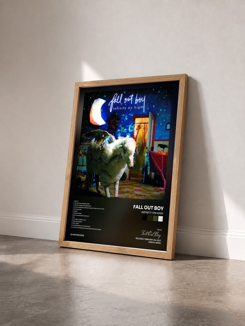 #bois Tableau de l'album Infinity On High de Fall Out Boy vu de trois quarts, cadre en bois brut