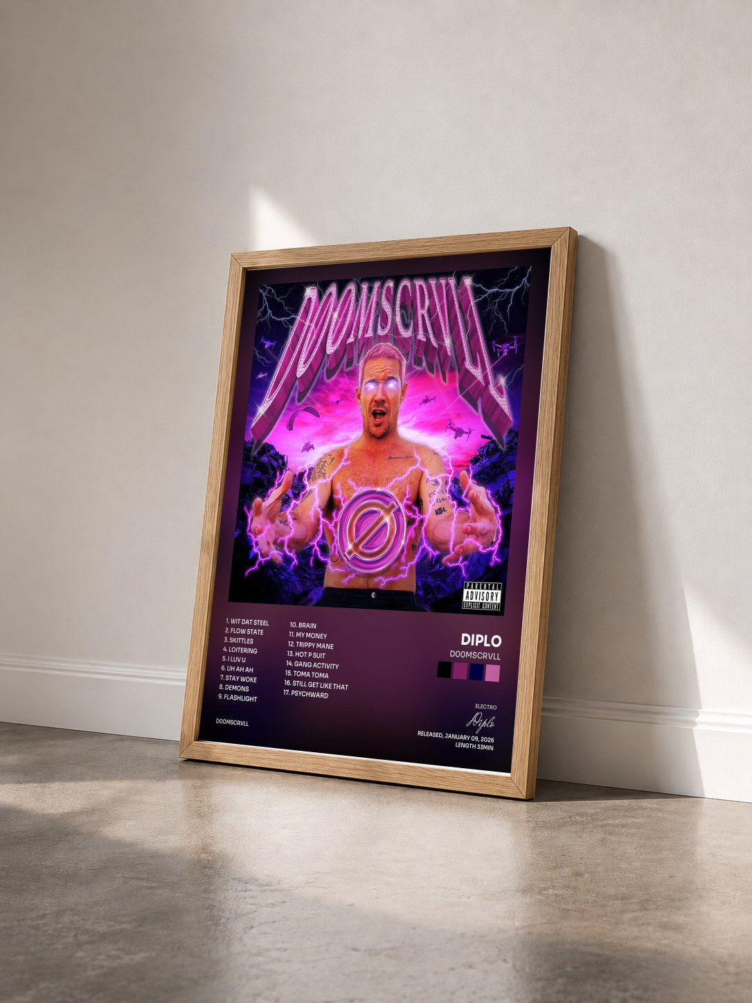 #bois Tableau de l'album d00mscrvll de Diplo vu de trois quarts, cadre en bois brut