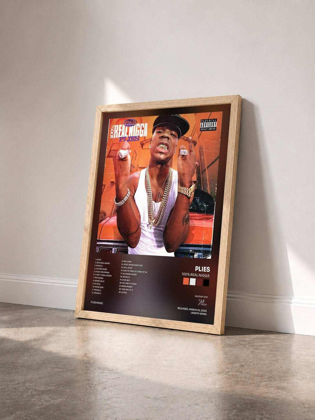 #bois Tableau de l'album 100% Real Nigga de Plies vu de trois quarts, cadre en bois brut