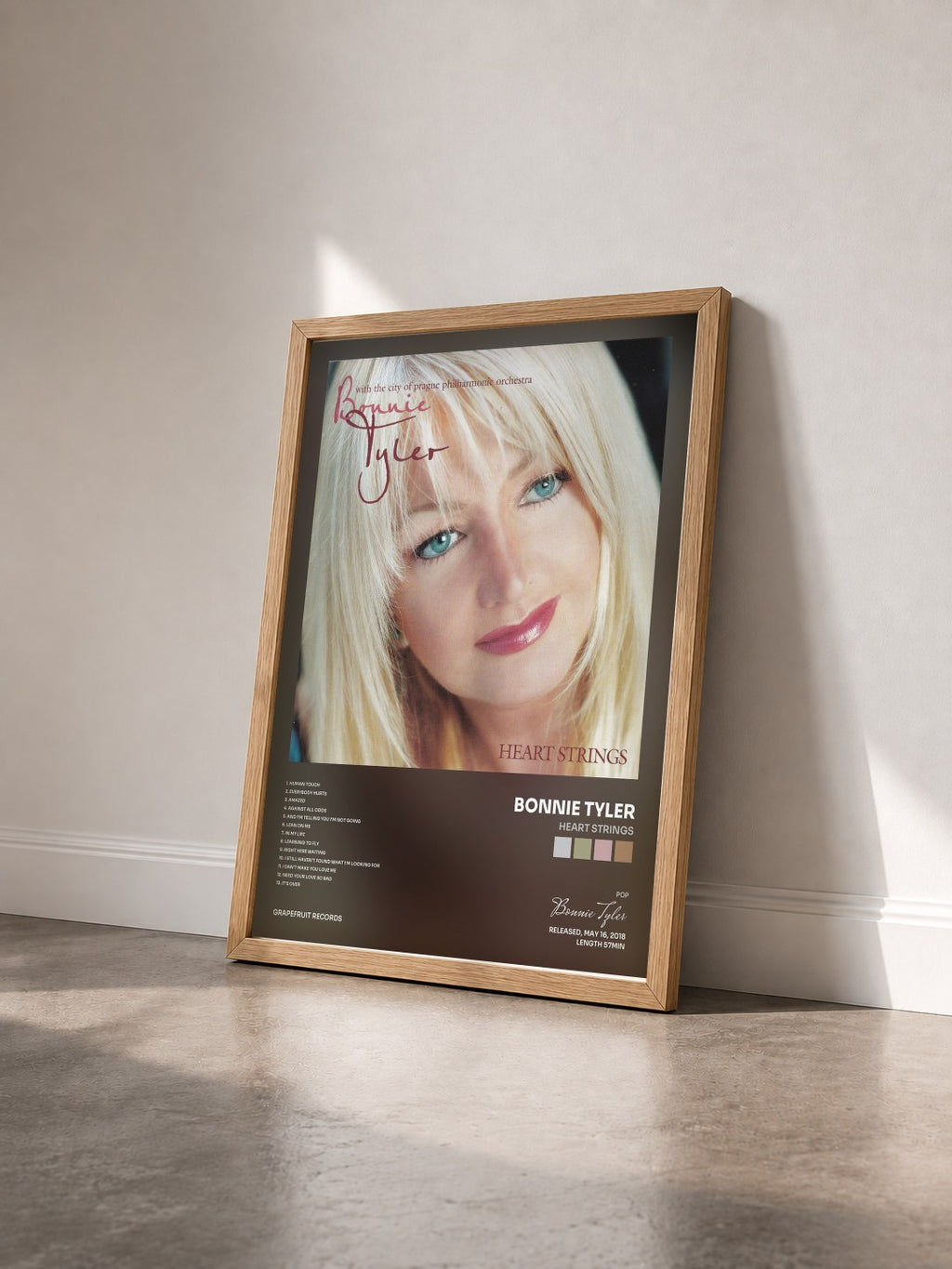 #bois Tableau de l'album Heart Strings de Bonnie Tyler vu de trois quarts, cadre en bois brut