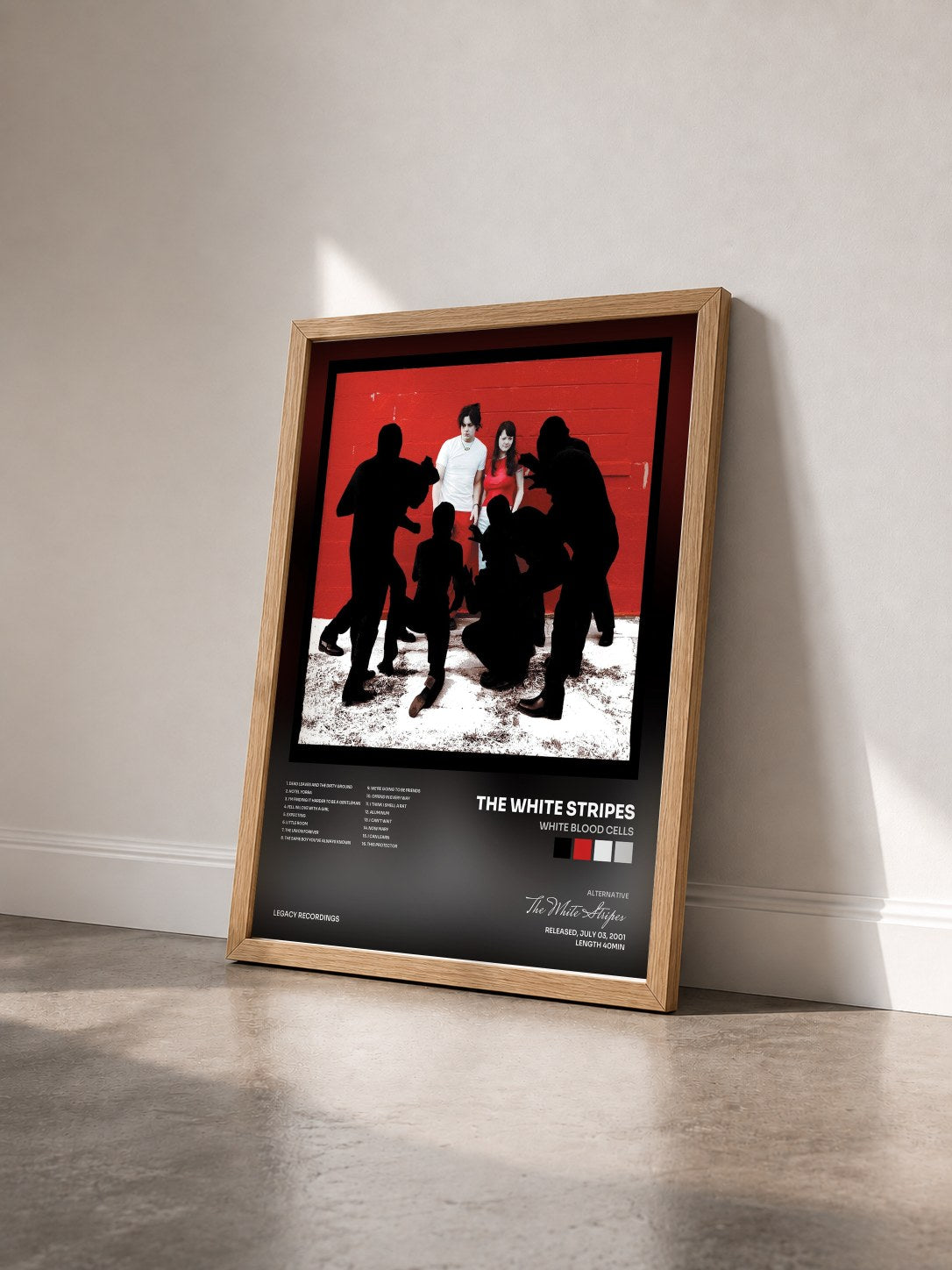 #bois Tableau de l'album White Blood Cells de The White Stripes vu de trois quarts, cadre en bois brut