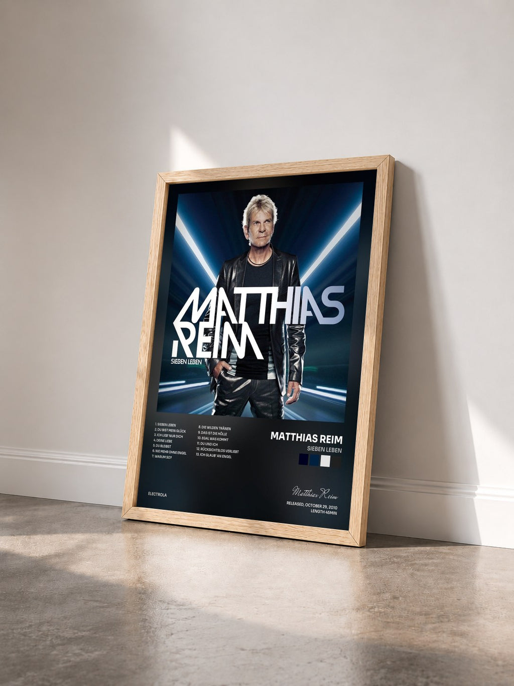 #bois Tableau de l'album Sieben Leben de Matthias Reim vu de trois quarts, cadre en bois brut
