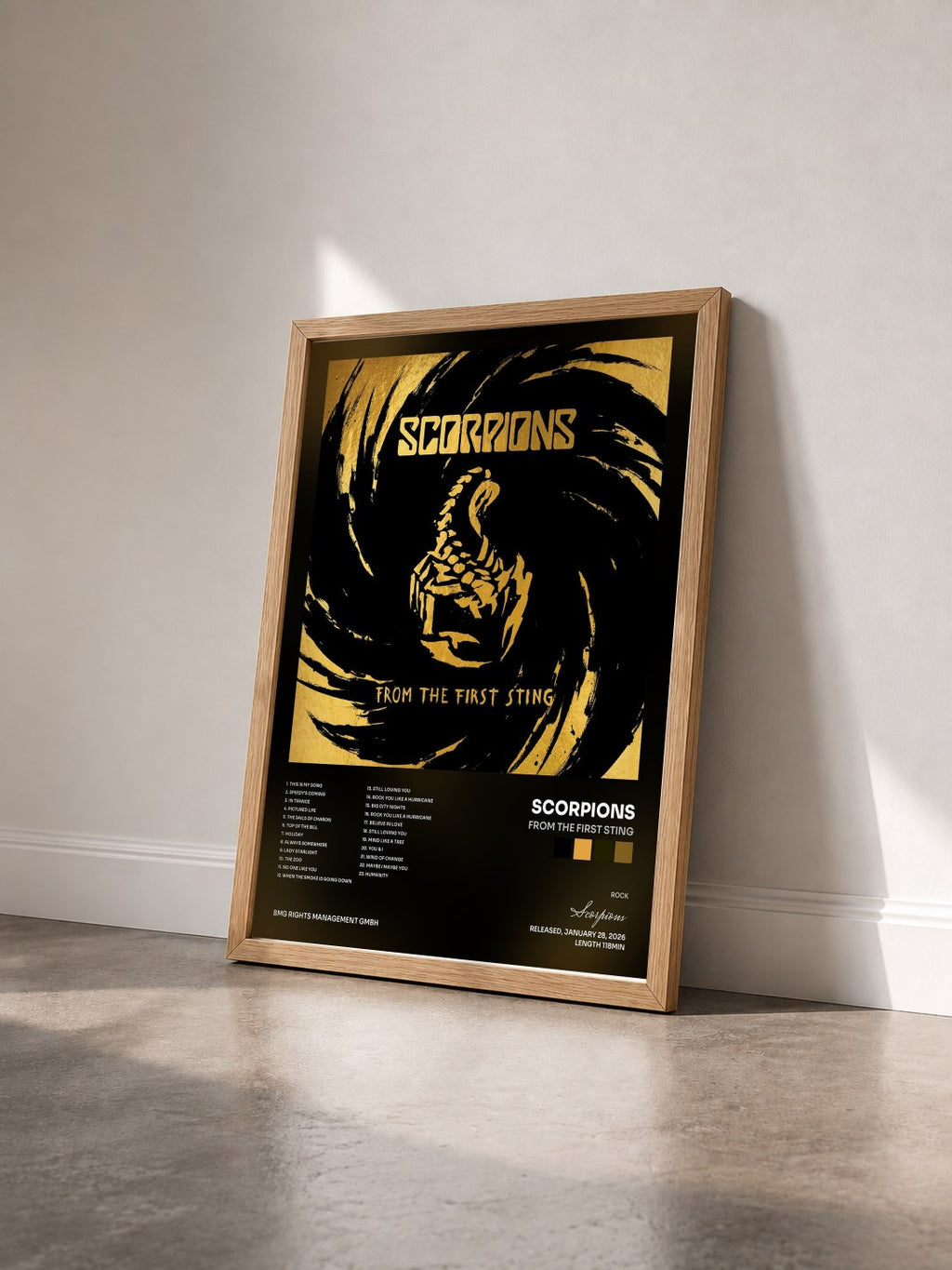 #bois Tableau de l'album From The First Sting de Scorpions vu de trois quarts, cadre en bois brut