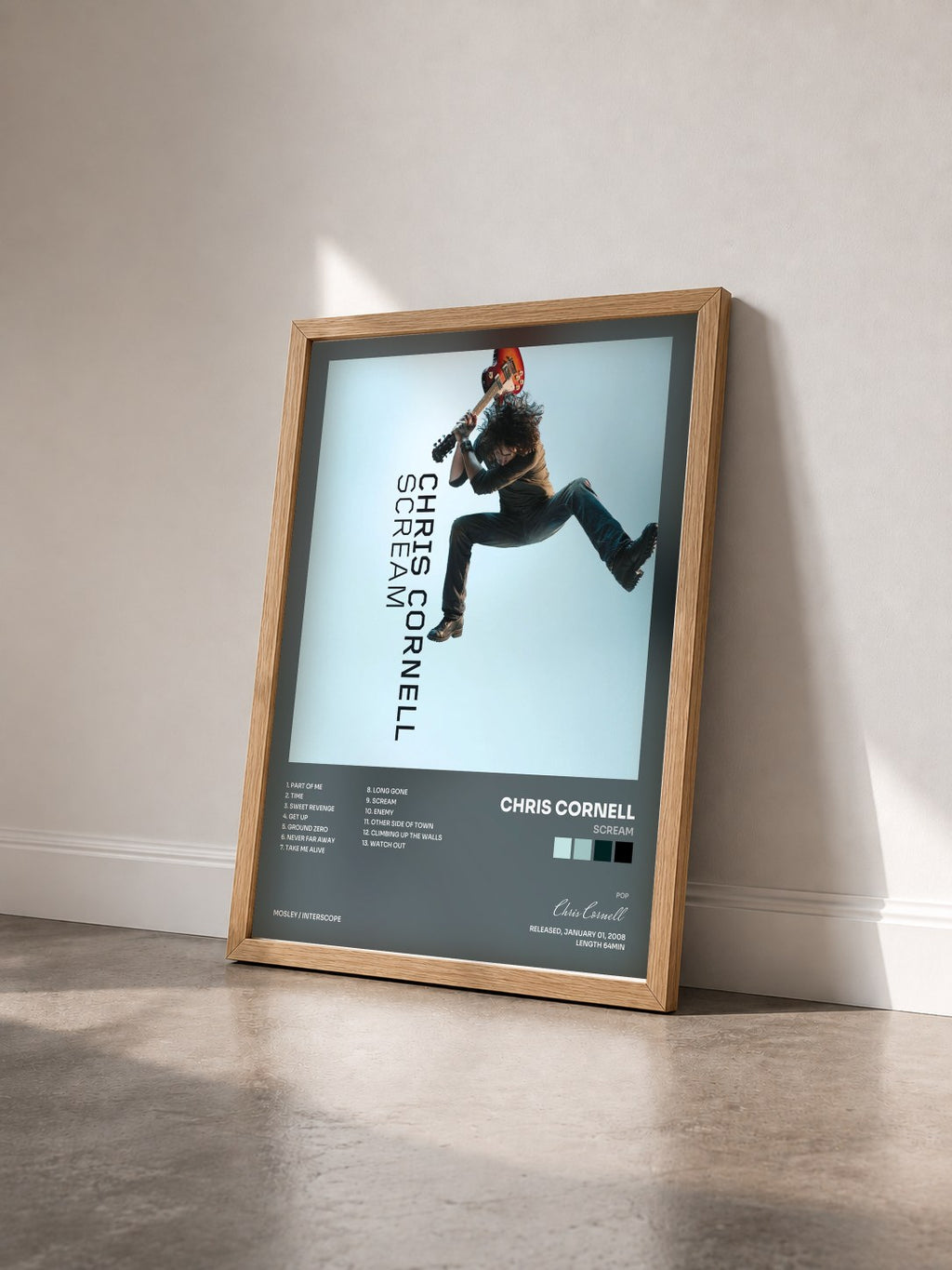 #bois Tableau de l'album Scream de Chris Cornell vu de trois quarts, cadre en bois brut