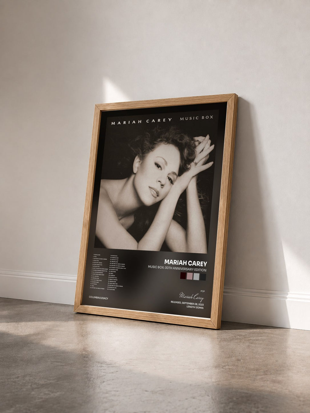 #bois Tableau de l'album Music Box: 30th Anniversary Edition de Mariah Carey vu de trois quarts, cadre en bois brut