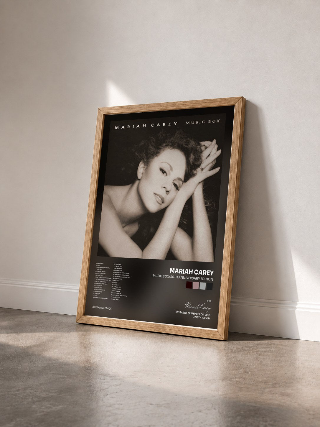 #bois Tableau de l'album Music Box: 30th Anniversary Edition de Mariah Carey vu de trois quarts, cadre en bois brut