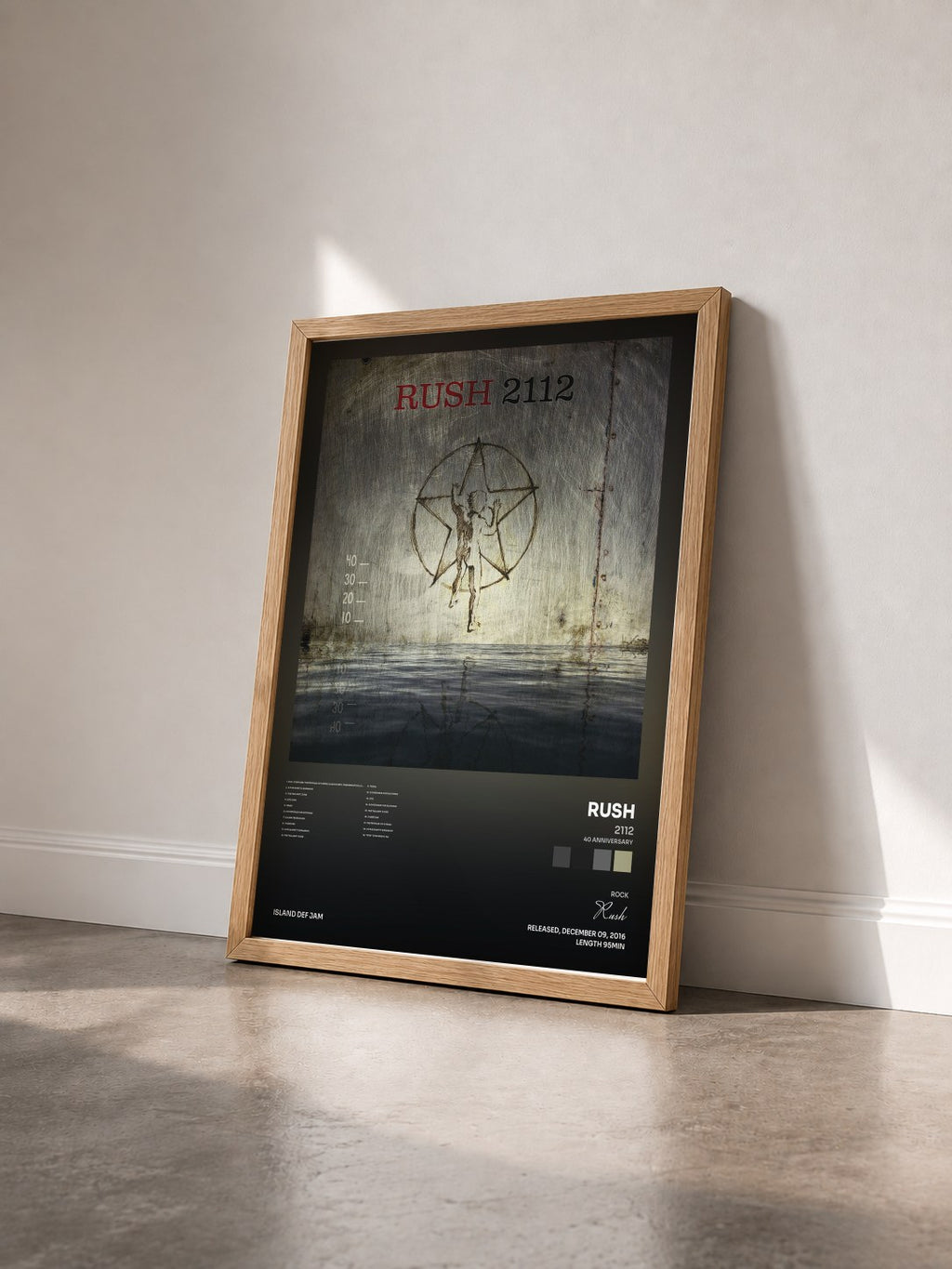 #bois Tableau de l'album 2112 (40 Anniversary) de Rush vu de trois quarts, cadre en bois brut