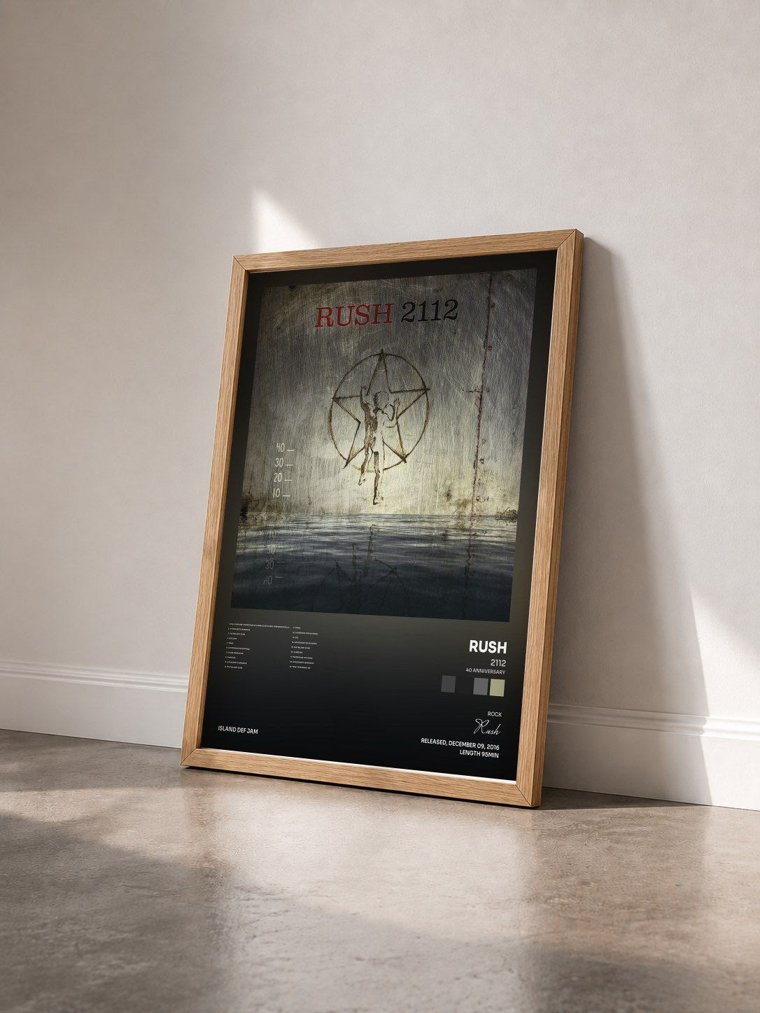 #bois Tableau de l'album 2112 (40 Anniversary) de Rush vu de trois quarts, cadre en bois brut