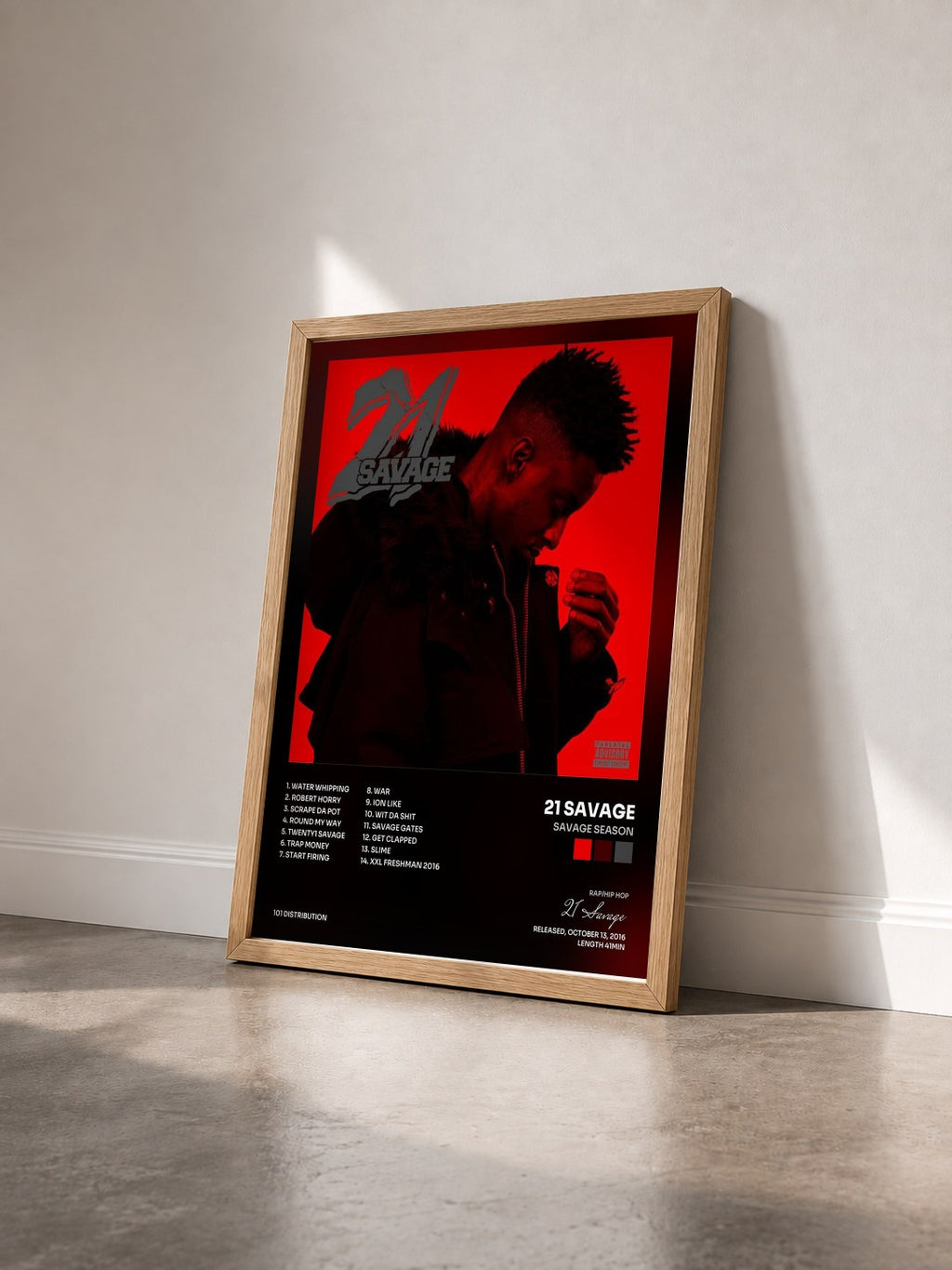 #bois Tableau de l'album Savage Season de 21 Savage vu de trois quarts, cadre en bois brut