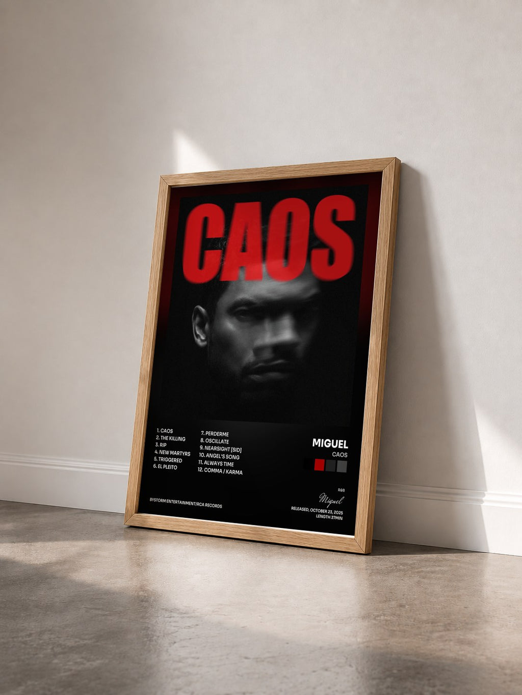 #bois Tableau de l'album CAOS de Miguel vu de trois quarts, cadre en bois brut