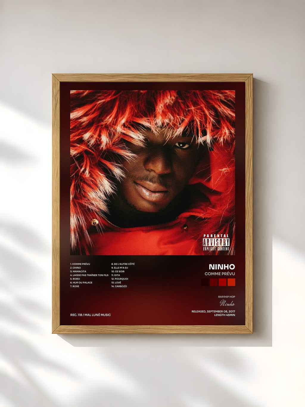 #bois Tableau de l'album Comme prévu de Ninho, cadre en bois brut, imprimé et encadré en France