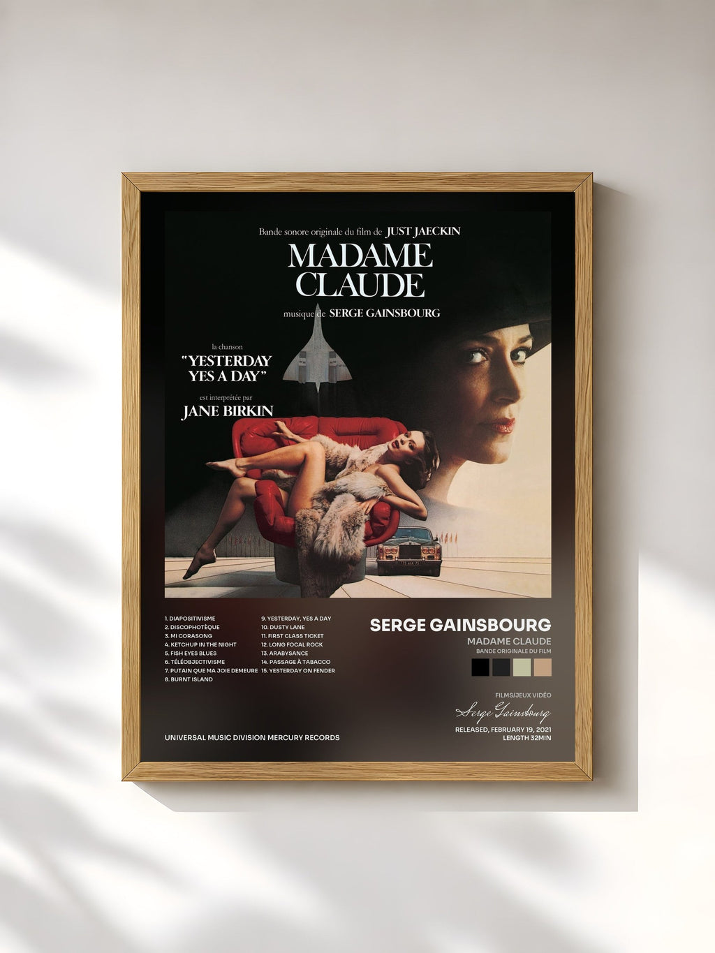 #bois Tableau de l'album Madame Claude (Bande originale du film) de Serge Gainsbourg, cadre en bois brut, imprimé et encadré en France