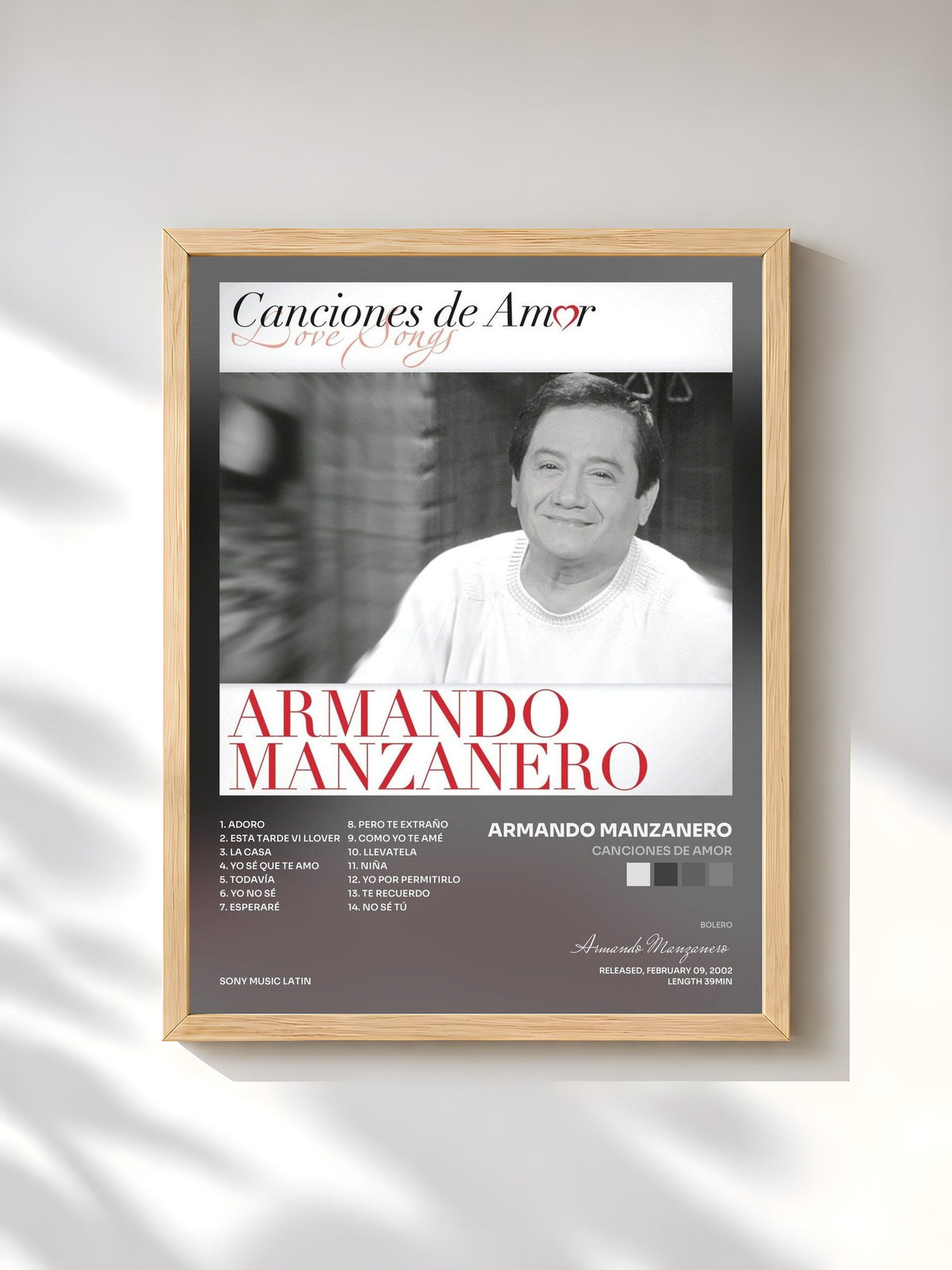 #bois Tableau de l'album Canciones De Amor de Armando Manzanero, cadre en bois brut, imprimé et encadré en France
