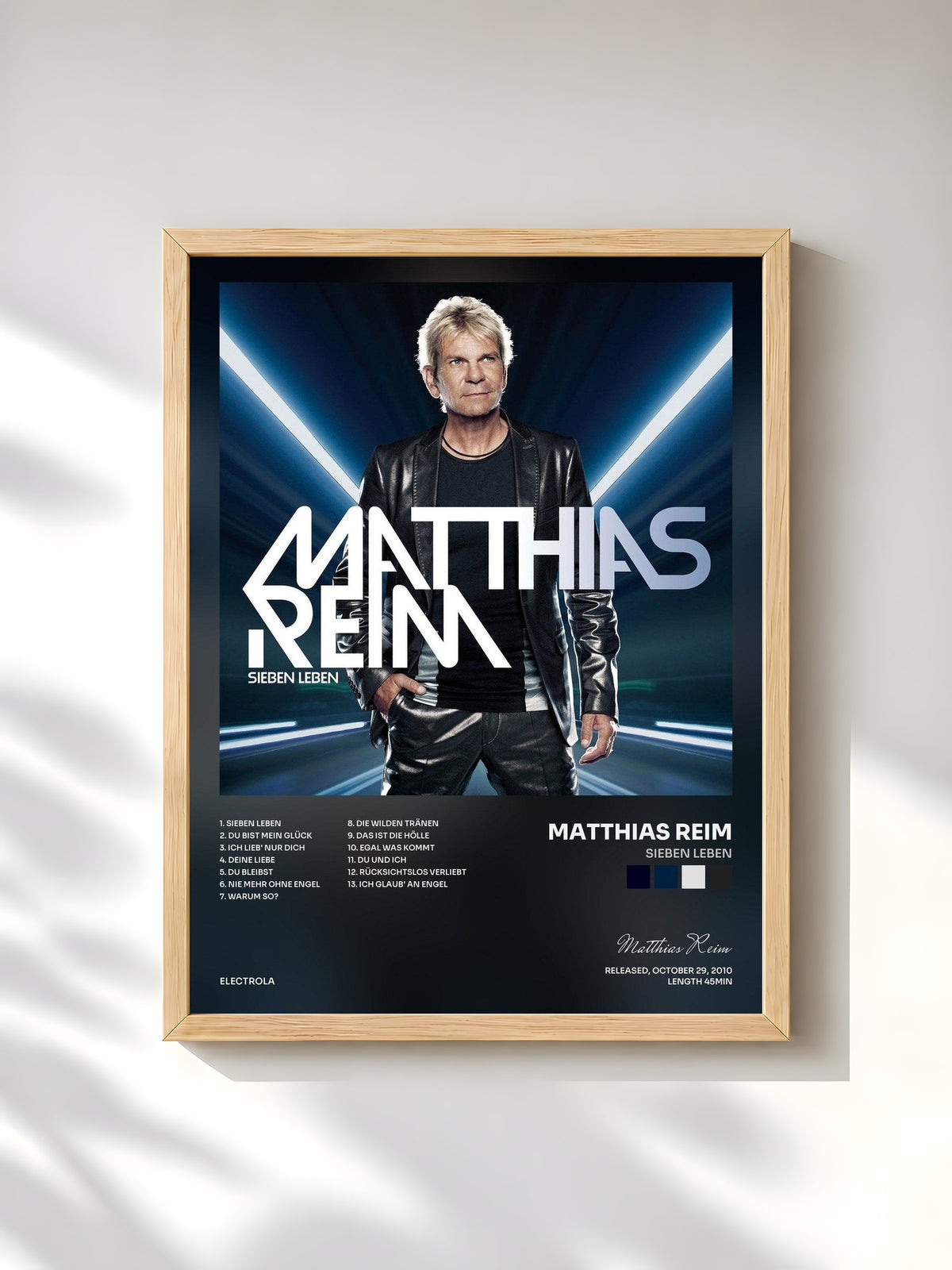 #bois Tableau de l'album Sieben Leben de Matthias Reim, cadre en bois brut, imprimé et encadré en France