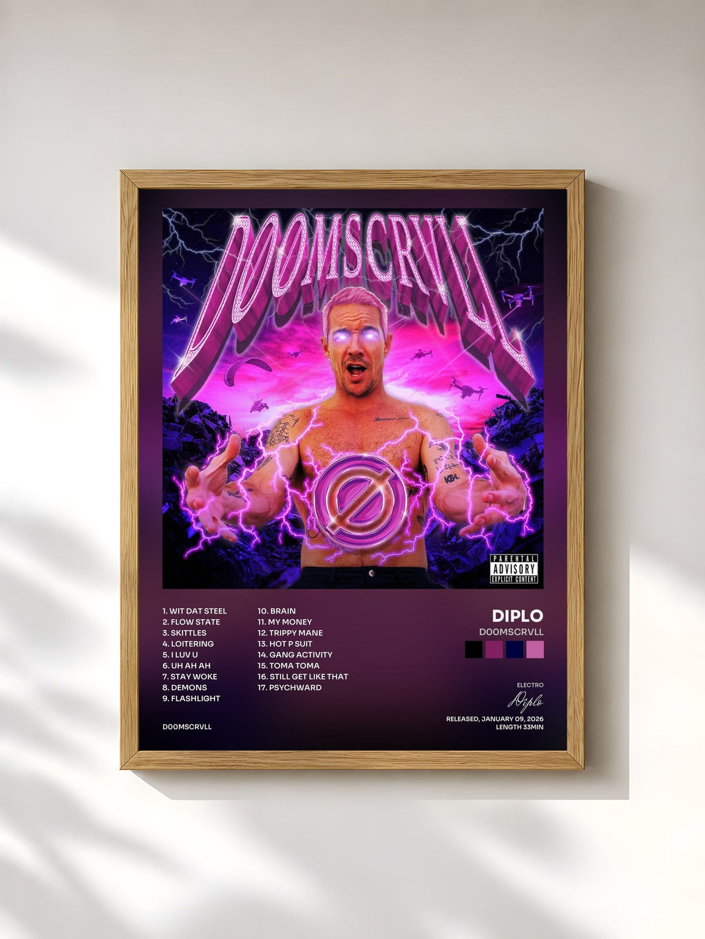 #bois Tableau de l'album d00mscrvll de Diplo, cadre en bois brut, imprimé et encadré en France