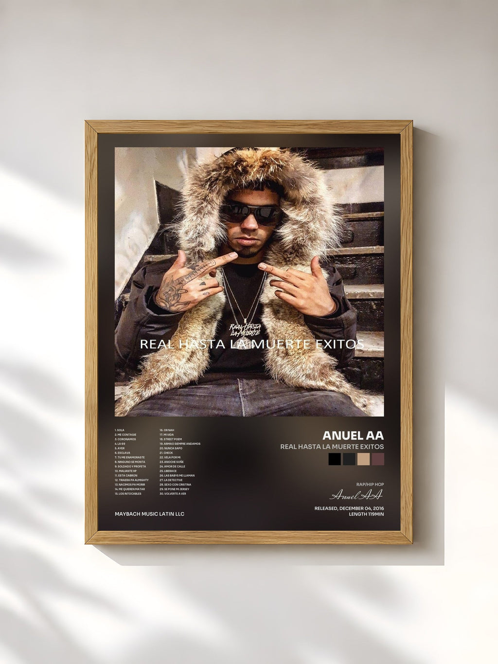 #bois Tableau de l'album Real Hasta la Muerte Exitos de Anuel AA, cadre en bois brut, imprimé et encadré en France