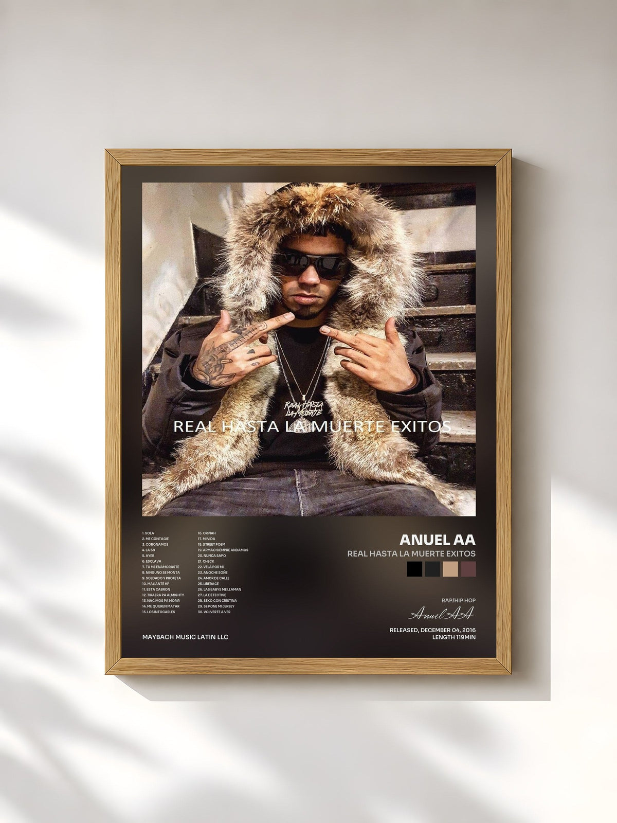 #bois Tableau de l'album Real Hasta la Muerte Exitos de Anuel AA, cadre en bois brut, imprimé et encadré en France