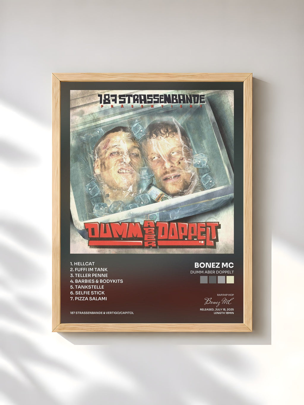 #bois Tableau de l'album dumm aber doppelt de Bonez MC, cadre en bois brut, imprimé et encadré en France
