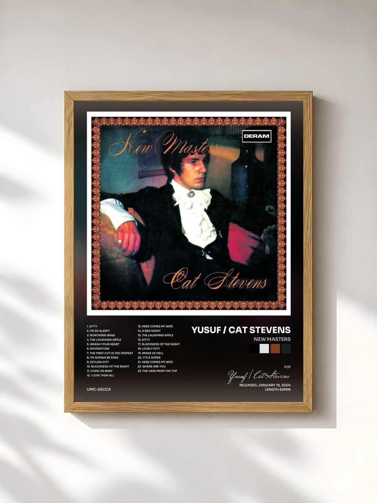 #bois Tableau de l'album New Masters de Yusuf / Cat Stevens, cadre en bois brut, imprimé et encadré en France