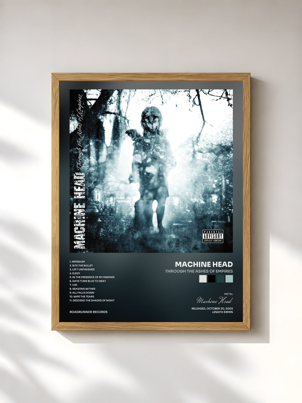 #bois Tableau de l'album Through the Ashes of Empires de Machine Head, cadre en bois brut, imprimé et encadré en France