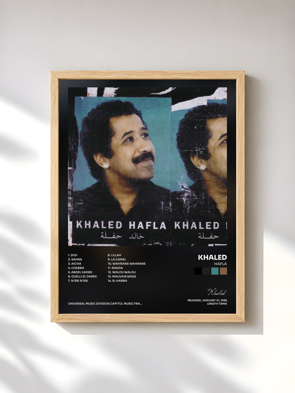 #bois Tableau de l'album Hafla de Khaled, cadre en bois brut, imprimé et encadré en France