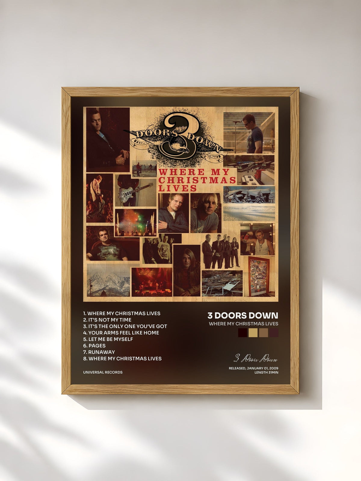 #bois Tableau de l'album Where My Christmas Lives de 3 Doors Down, cadre en bois brut, imprimé et encadré en France
