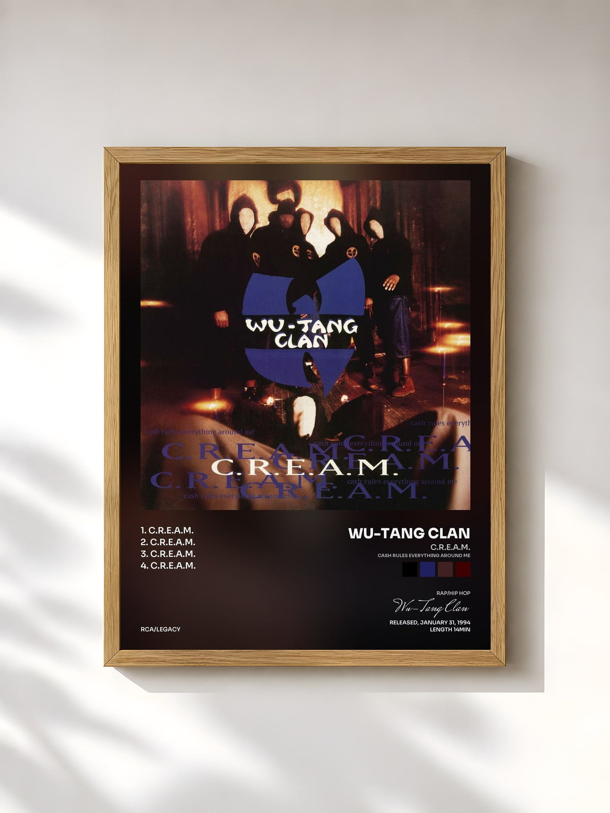 #bois Tableau de l'album C.R.E.A.M. (Cash Rules Everything Around Me) de Wu-Tang Clan, cadre en bois brut, imprimé et encadré en France
