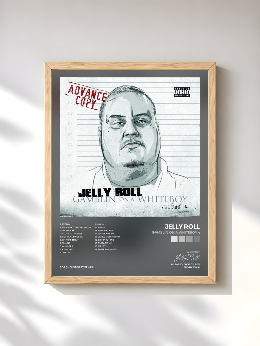 #bois Tableau de l'album Gamblin on a Whiteboy 4 de Jelly Roll, cadre en bois brut, imprimé et encadré en France