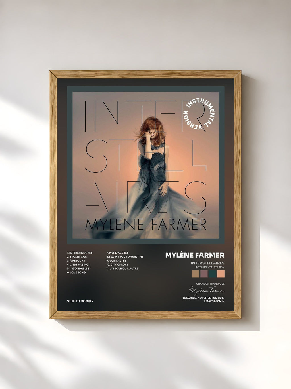 #bois Tableau de l'album Interstellaires (Instrumental Version) de Mylène Farmer, cadre en bois brut, imprimé et encadré en France
