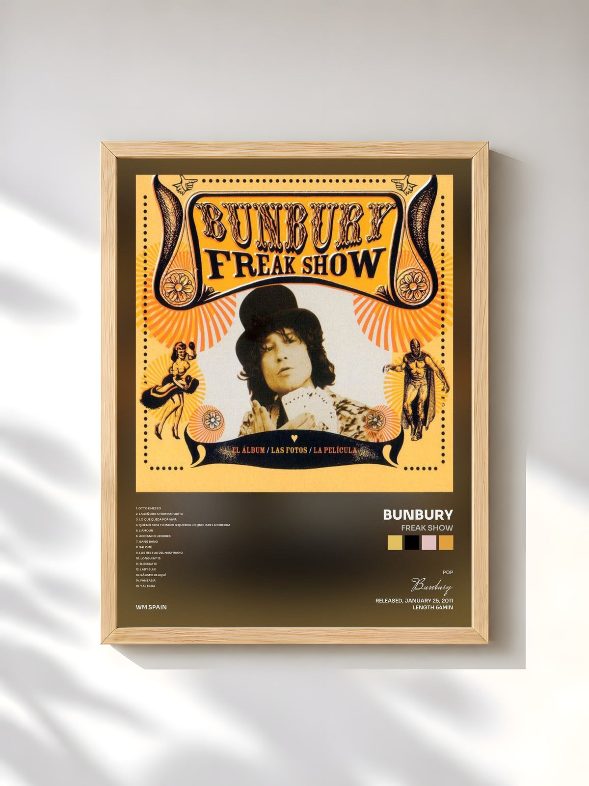 #bois Tableau de l'album Freak Show de Bunbury, cadre en bois brut, imprimé et encadré en France